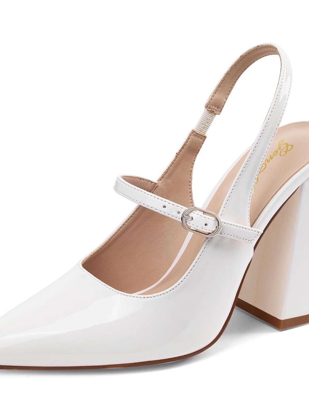 White Patent Mary Jane Block Heel Slingback Pumps